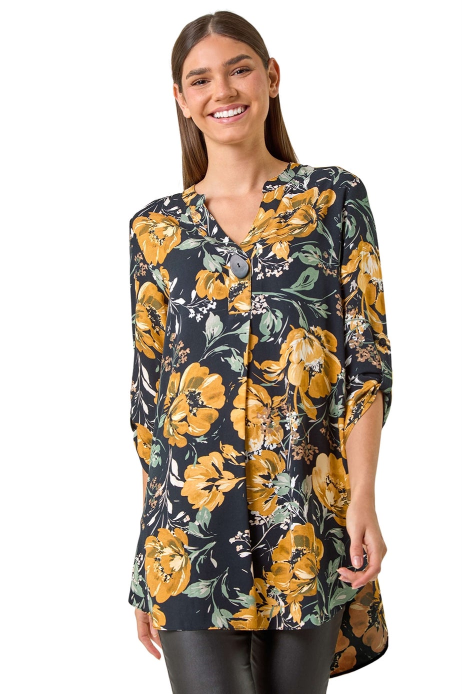 Roman Ochre Floral Print V-Neck Button Detail Tunic Top