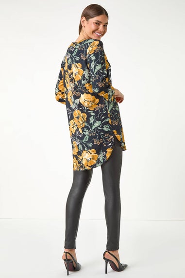Roman Ochre Floral Print V-Neck Button Detail Tunic Top