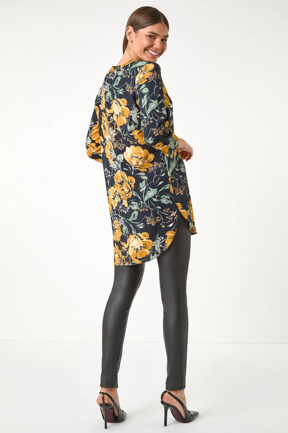 Roman Ochre Floral Print V-Neck Button Detail Tunic Top