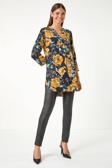 Roman Ochre Floral Print V-Neck Button Detail Tunic Top