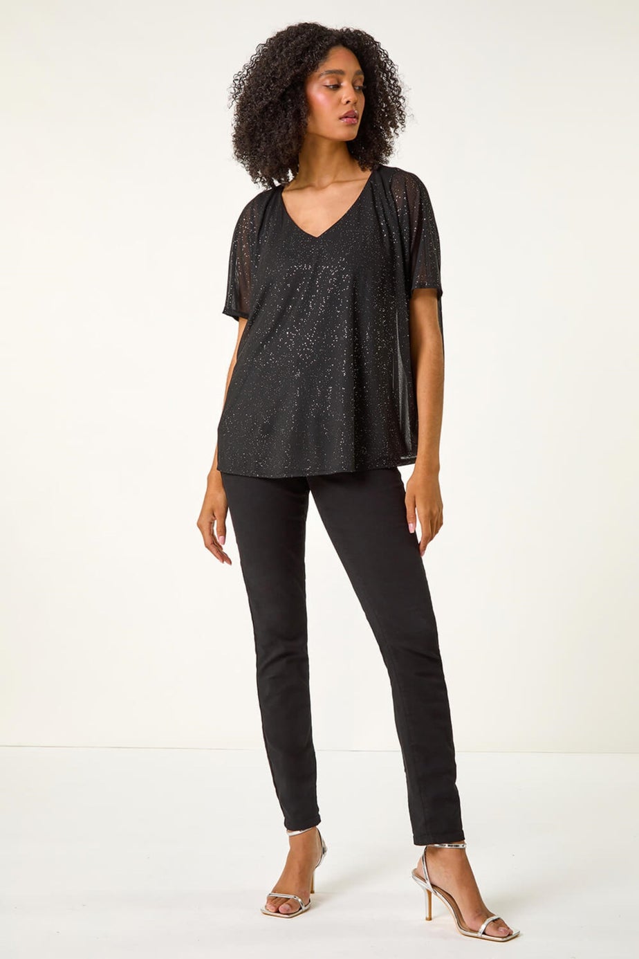 Roman Black Glitter Mesh Overlay Tunic Stretch Top