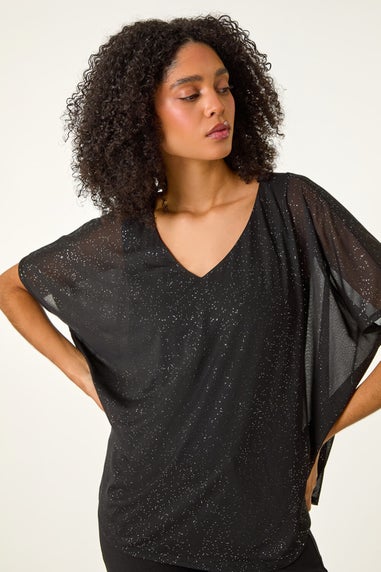 Roman Black Glitter Mesh Overlay Tunic Stretch Top