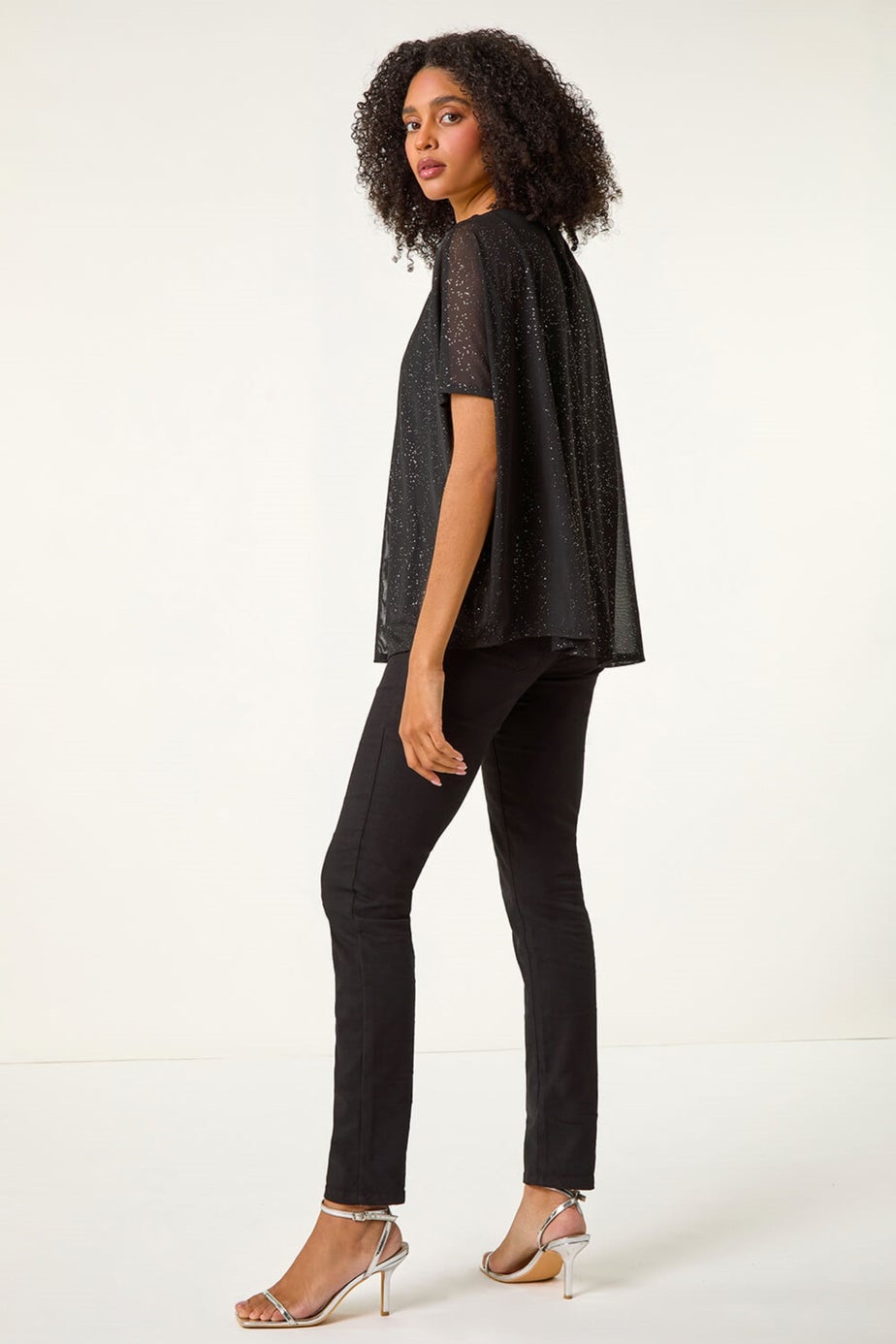 Roman Black Glitter Mesh Overlay Tunic Stretch Top