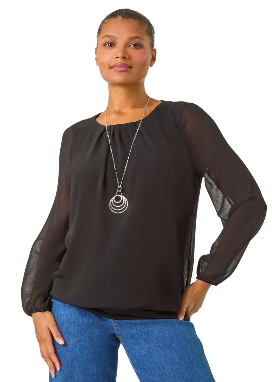 Roman Black Chiffon Banded Hem Pleated Top