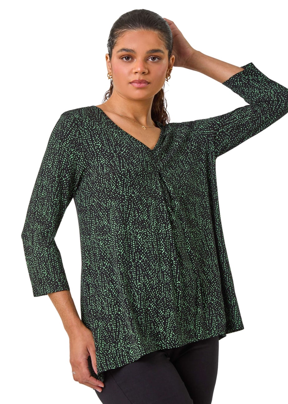 Roman Green Spot Print Pleat Front Tunic Top
