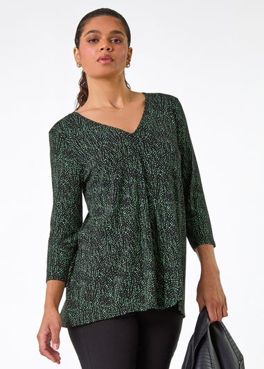Roman Green Spot Print Pleat Front Tunic Top