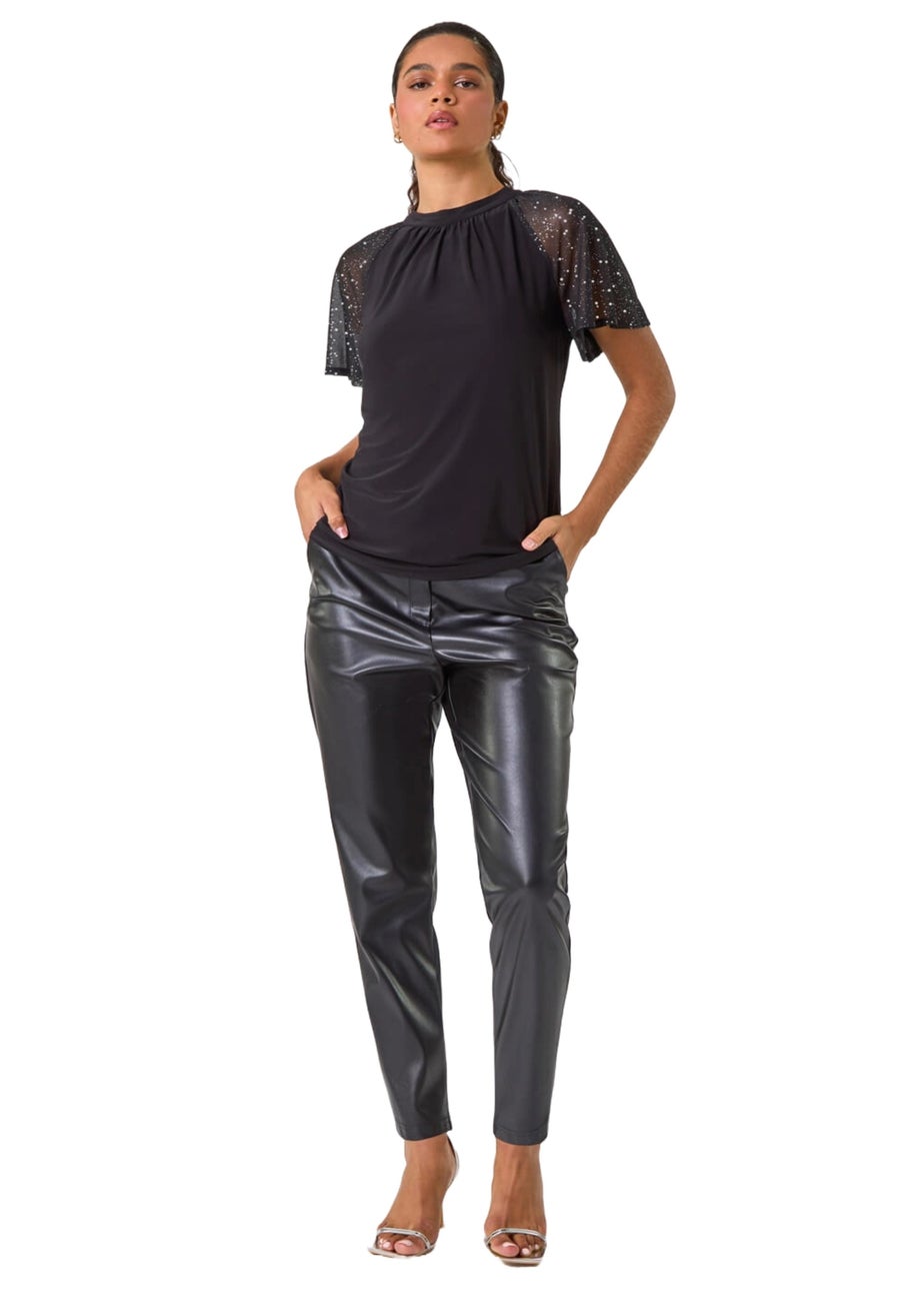 Roman Black Sparkle Mesh Sleeve Jersey Top