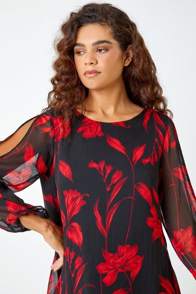 Roman Red Floral Chiffon Layered Tunic Top