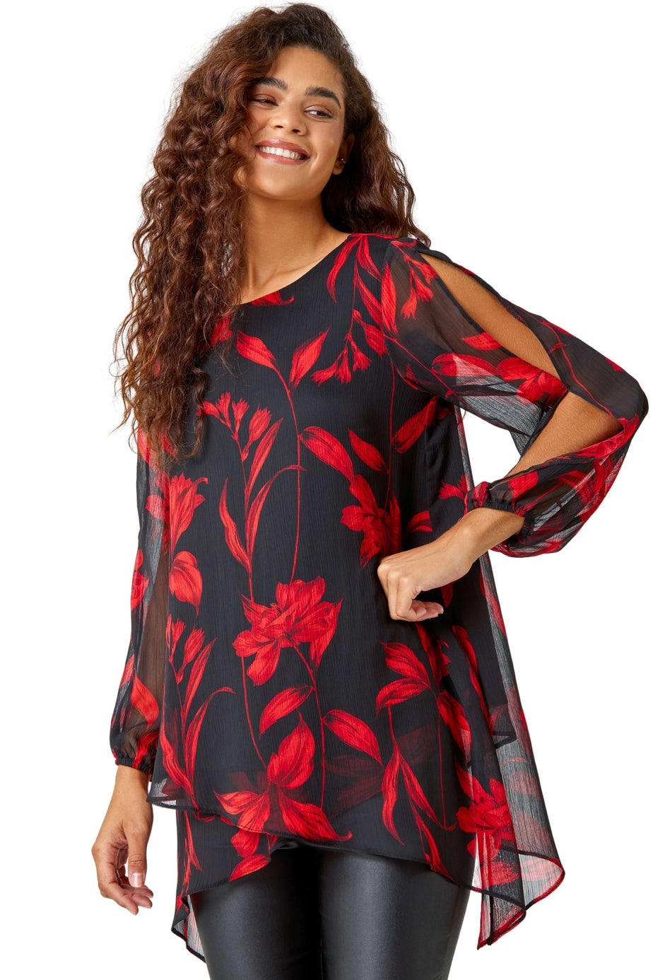Roman Red Floral Chiffon Layered Tunic Top