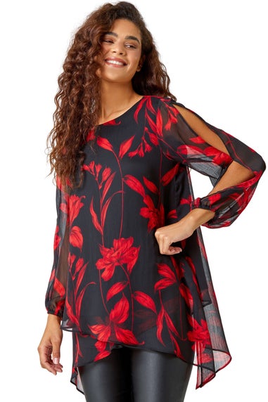 Roman Red Floral Chiffon Layered Tunic Top