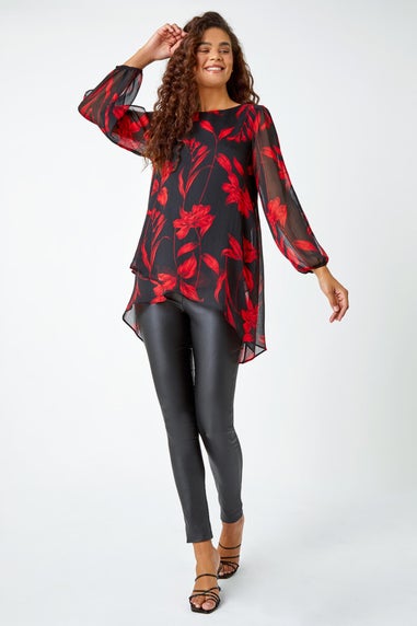 Roman Red Floral Chiffon Layered Tunic Top