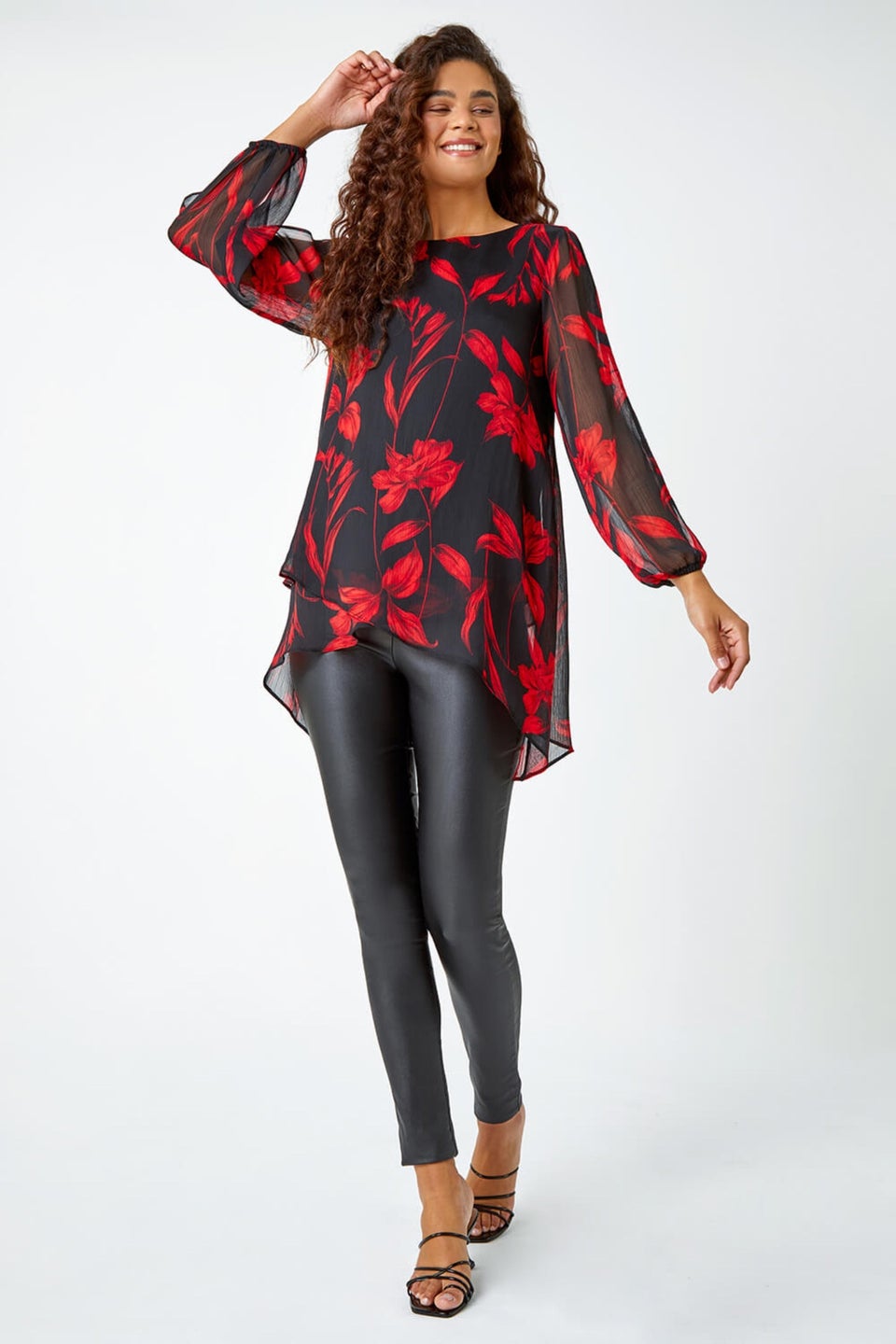 Roman Red Floral Chiffon Layered Tunic Top