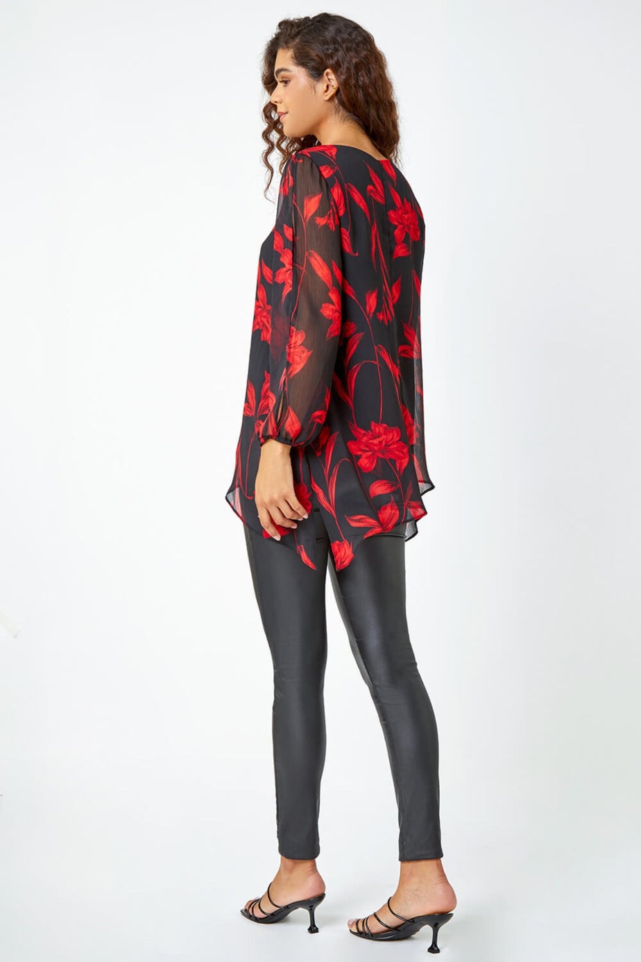 Roman Red Floral Chiffon Layered Tunic Top