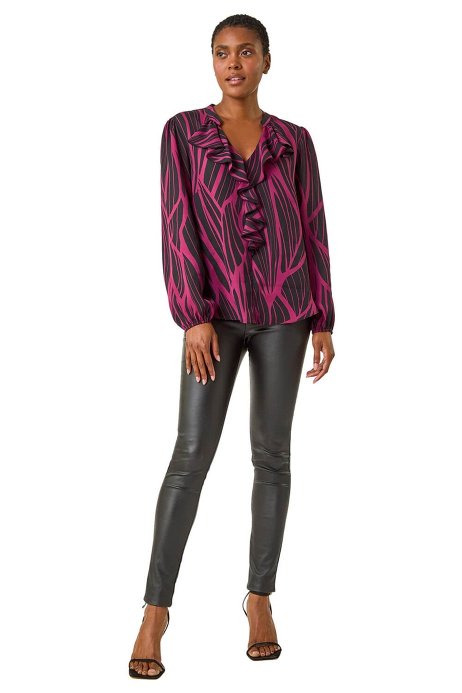 Roman Purple Linear Print V-Neck Ruffle Front Top