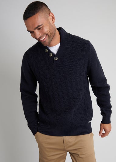 Threadbare Navy Button Up Funnel Neck Jumper