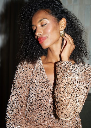 Threadbare Bronze Sequin Velour V Neck Long Sleeve Mini Dress