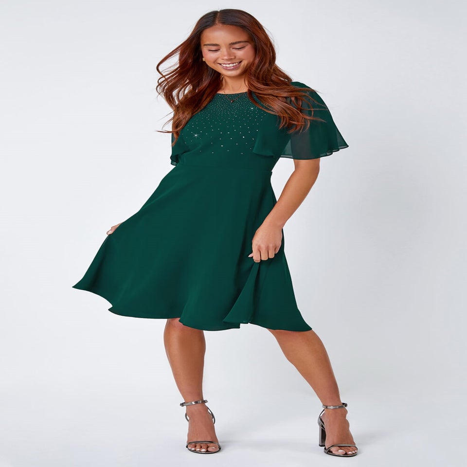 Roman Green Petite Embellished Skater Dress