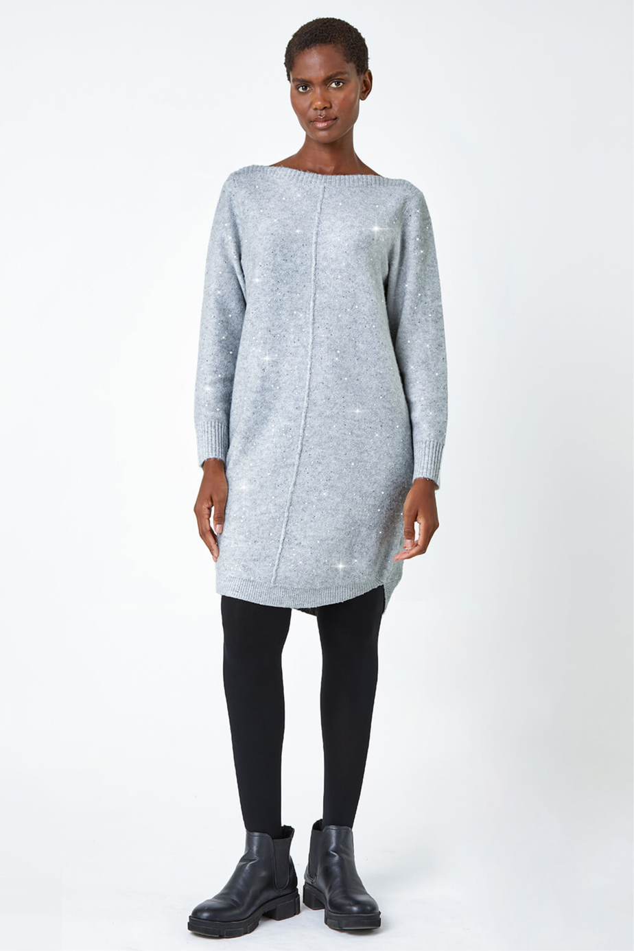 Roman Grey Sequin Embellished Stretch Jumper Dress