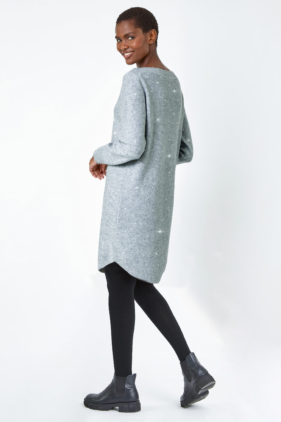 Roman Grey Sequin Embellished Stretch Jumper Dress