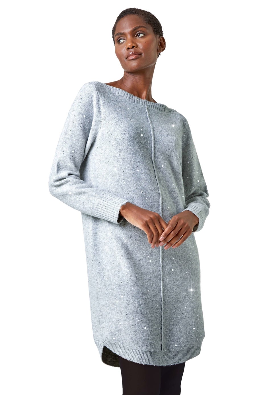 Roman Grey Sequin Embellished Stretch Jumper Dress