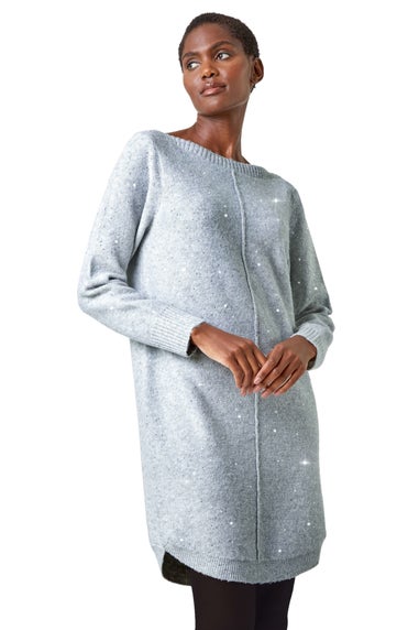 Roman Grey Sequin Embellished Stretch Jumper Dress