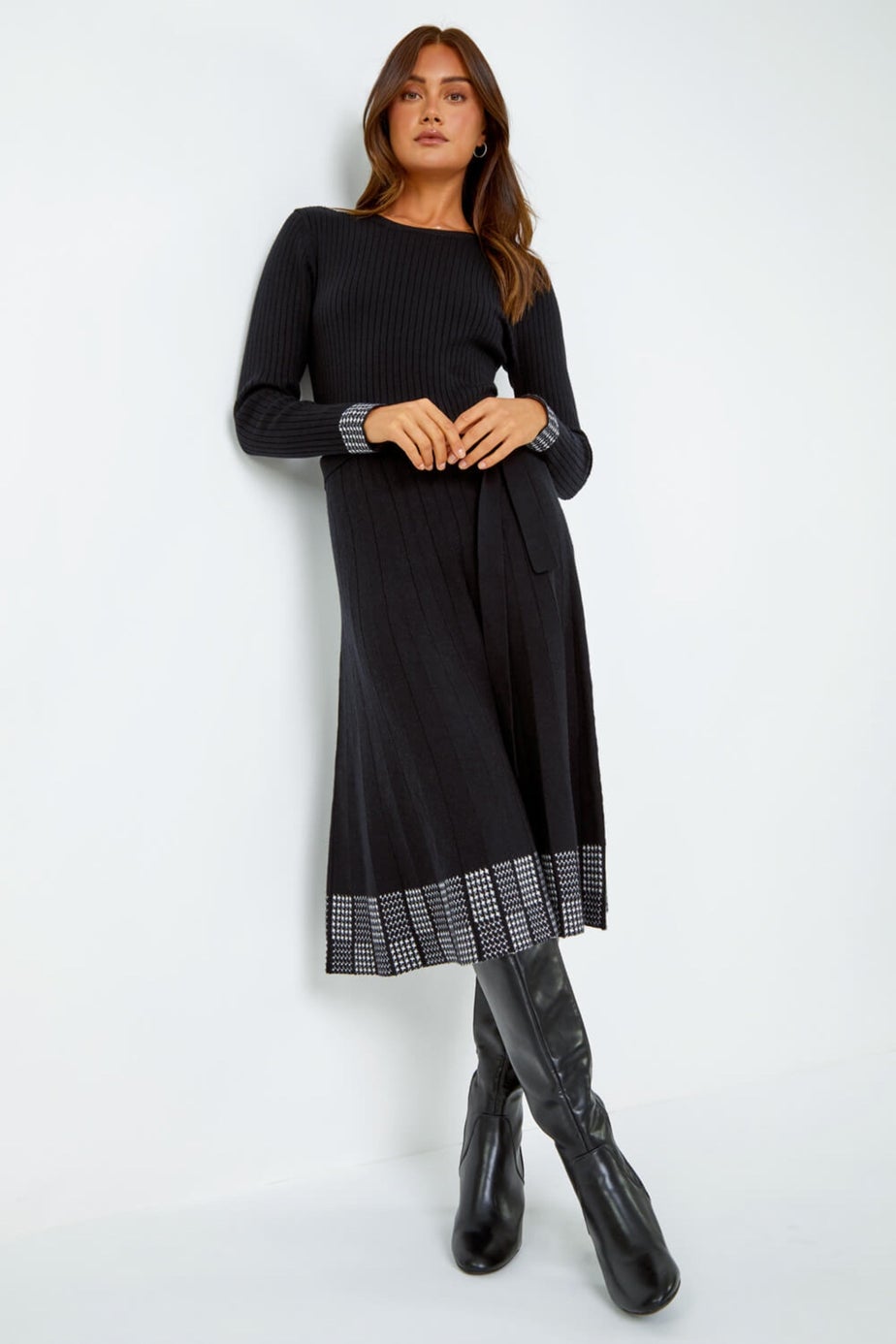 Roman Black Ribbed Stretch Knit Border Print Dress