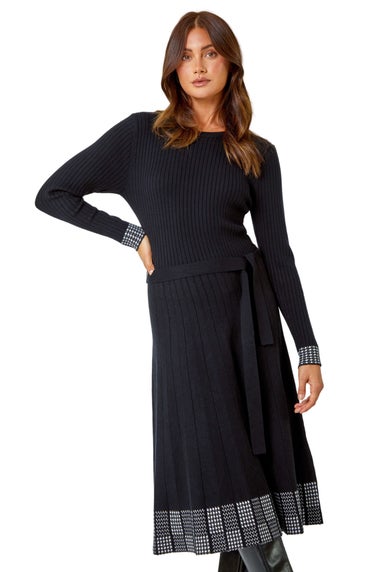 Roman Black Ribbed Stretch Knit Border Print Dress