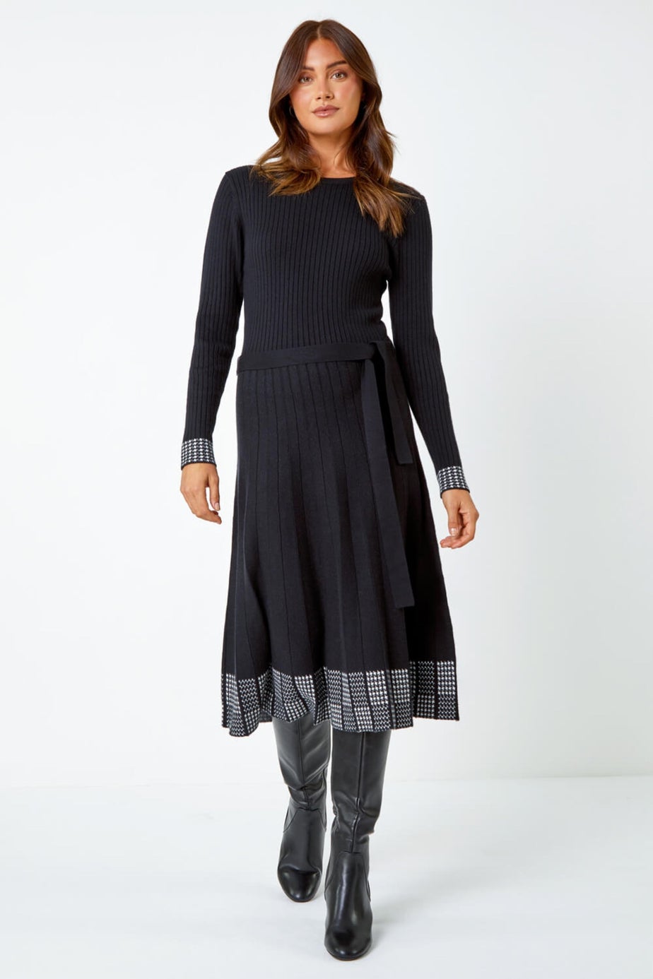 Roman Black Ribbed Stretch Knit Border Print Dress