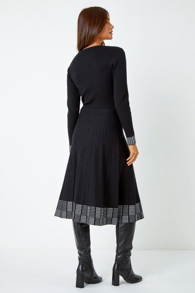Roman Black Ribbed Stretch Knit Border Print Dress
