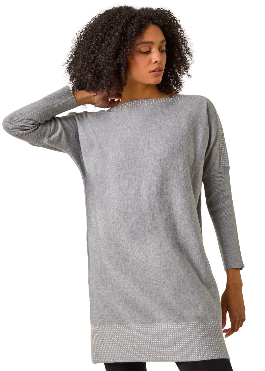 Roman Light Grey Spot Print Border Knitted Jumper Dress