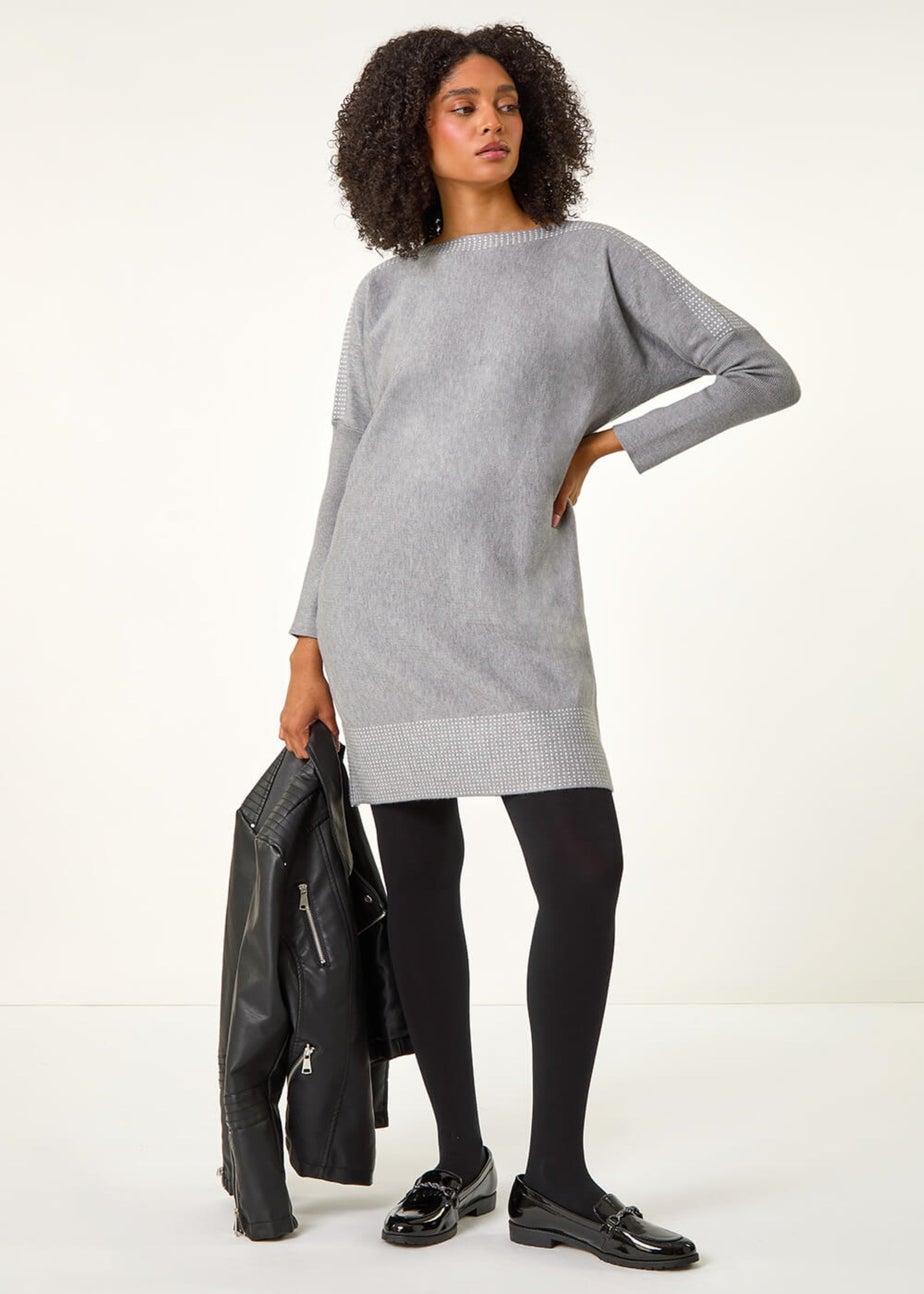 Roman Light Grey Spot Print Border Knitted Jumper Dress