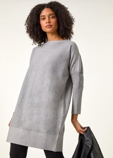Roman Light Grey Spot Print Border Knitted Jumper Dress