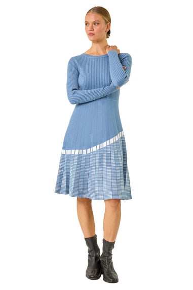 Roman Blue Pleated Border Ribbed Knit Dress