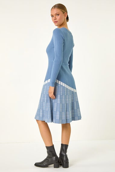 Roman Blue Pleated Border Ribbed Knit Dress