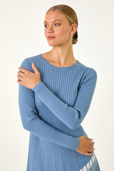 Roman Blue Pleated Border Ribbed Knit Dress