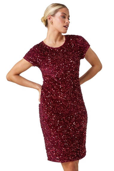 Dusk Burgundy Velvet Sequin Embellished Shift Dress