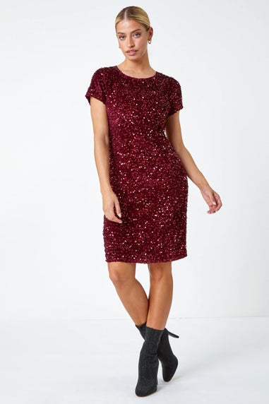 Dusk Burgundy Velvet Sequin Embellished Shift Dress