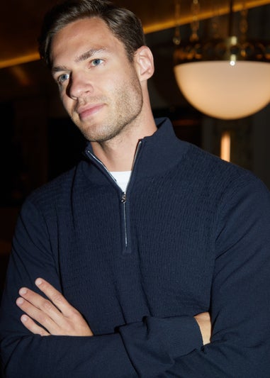 Threadbare Navy Mini Cable Knit Quarter Zip Jumper