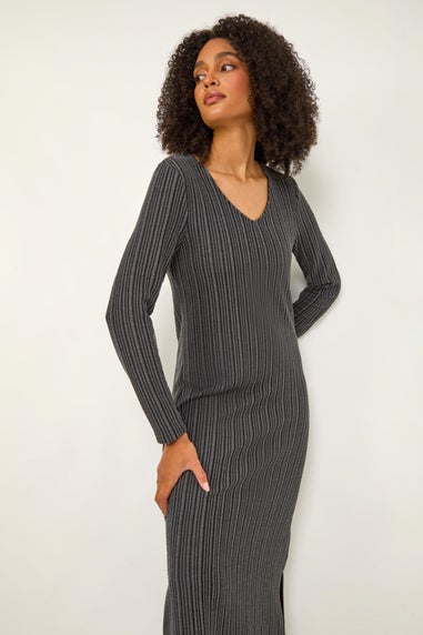 Roman Charcoal Wave Textured V-Neck Stretch Midi Dress