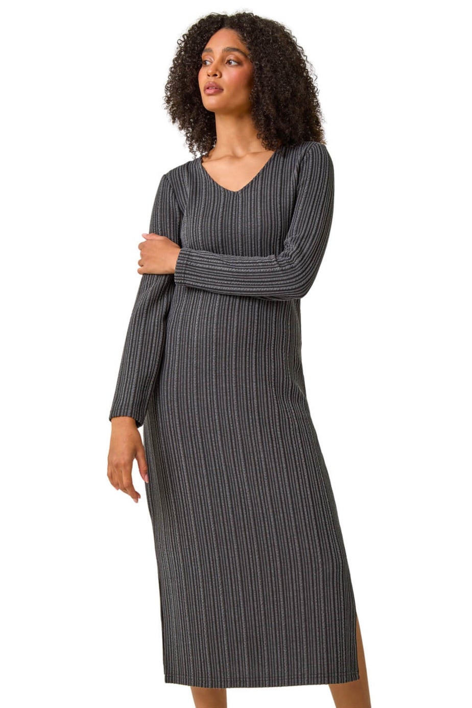 Roman Charcoal Wave Textured V-Neck Stretch Midi Dress