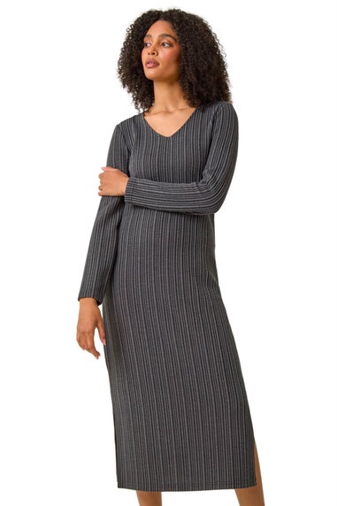 Roman Charcoal Wave Textured V-Neck Stretch Midi Dress