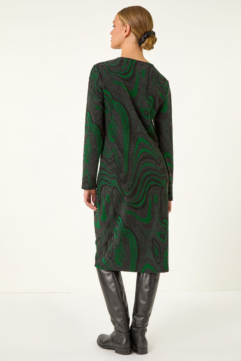 Roman Green Textured Swirl Pattern Stretch Midi Dress