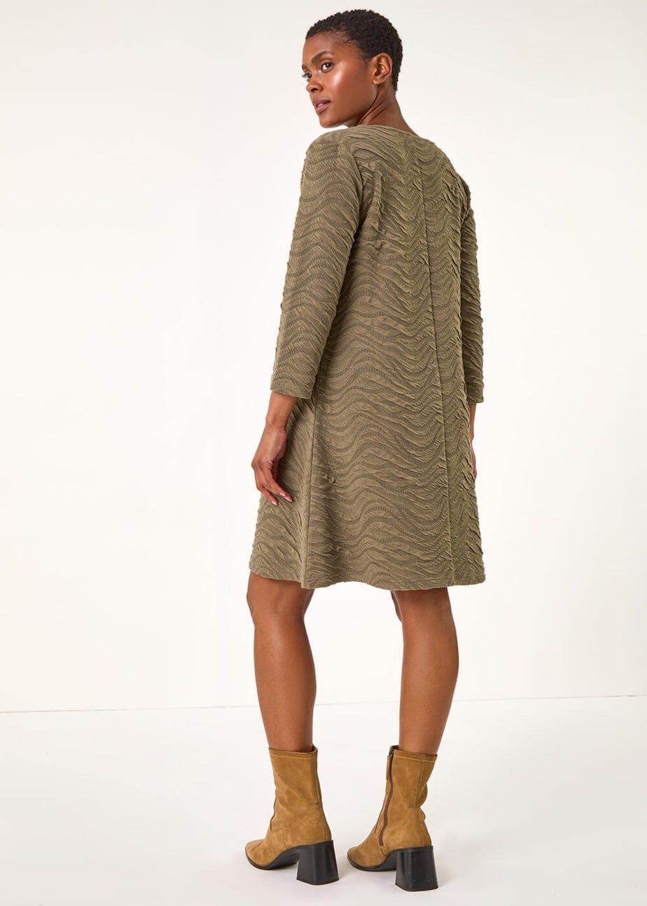 Roman Khaki Wave Textured Stretch A-Line Dress
