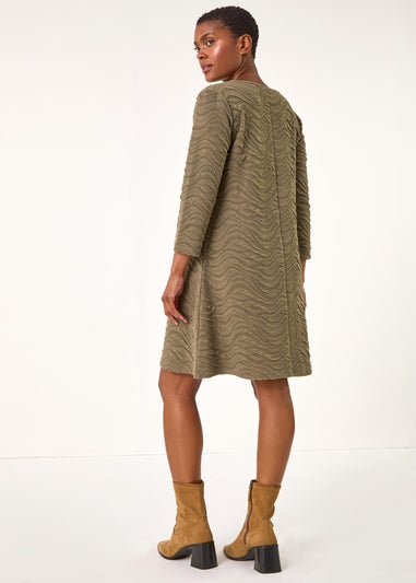 Roman Khaki Wave Textured Stretch A-Line Dress