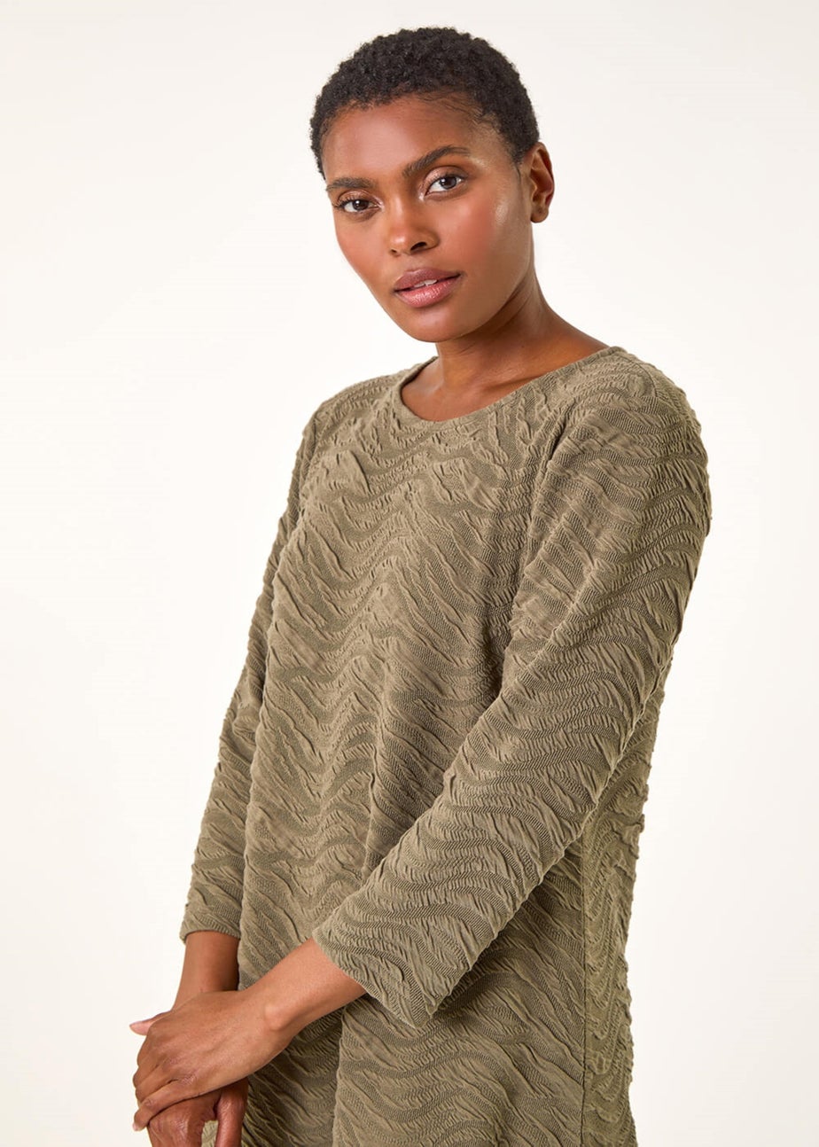 Roman Khaki Wave Textured Stretch A-Line Dress