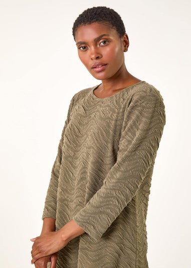 Roman Khaki Wave Textured Stretch A-Line Dress