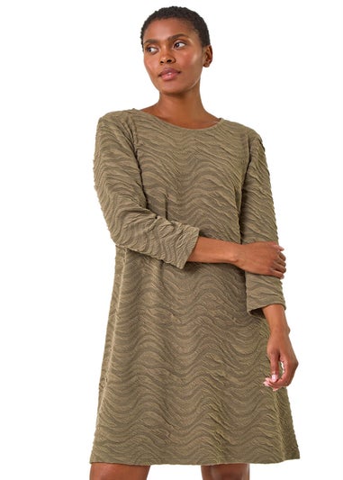 Roman Khaki Wave Textured Stretch A-Line Dress