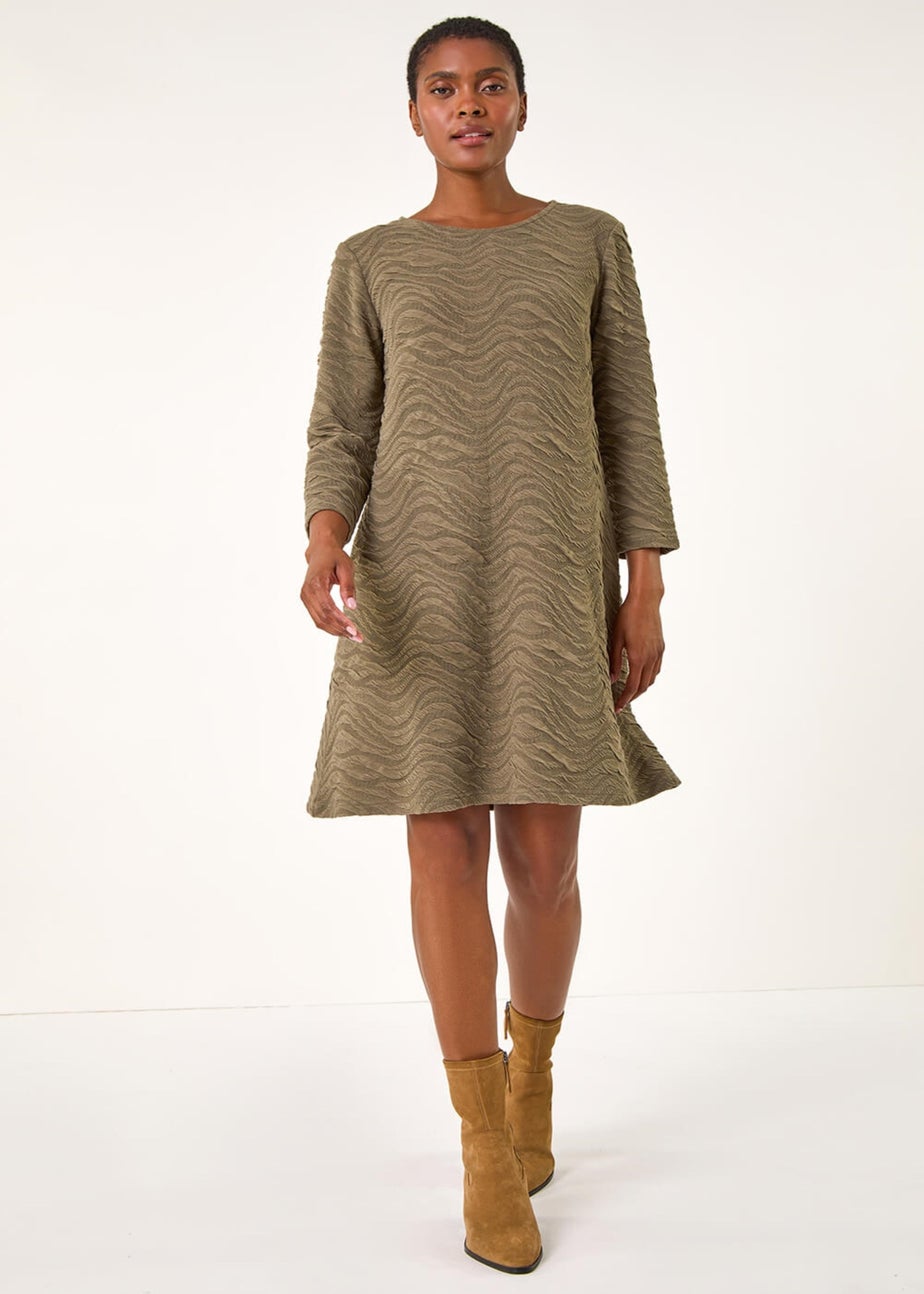 Roman Khaki Wave Textured Stretch A-Line Dress
