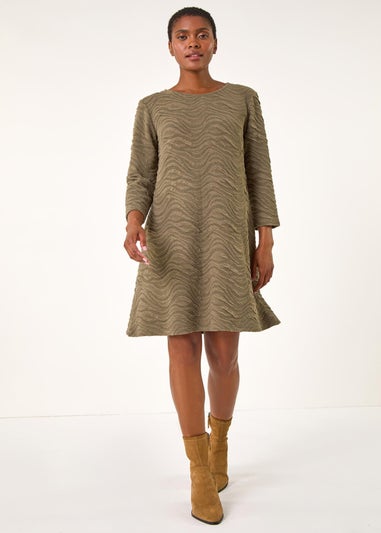 Roman Khaki Wave Textured Stretch A-Line Dress