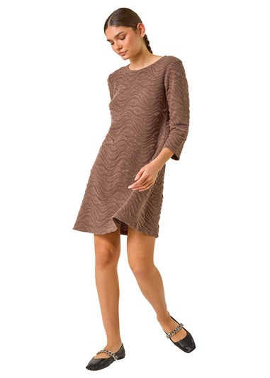 Roman Taupe Wave Textured Stretch A-Line Dress